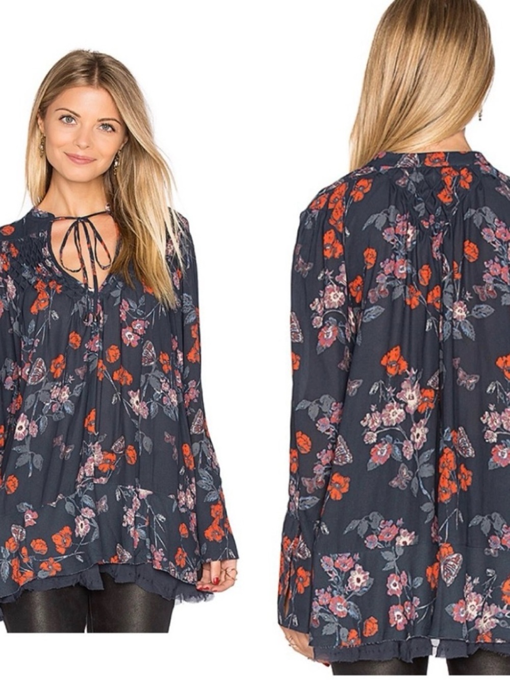 Free People Butterfly floral boho cottagecore loose flowy feminine vneck blouse
